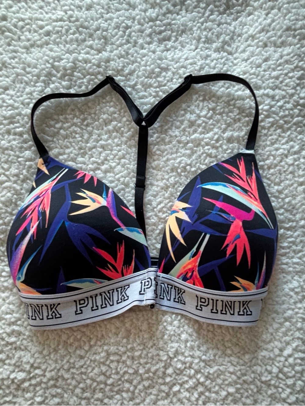 PINK Victoria's Secret Black Tropical Racerback Bra with Multicolor Print